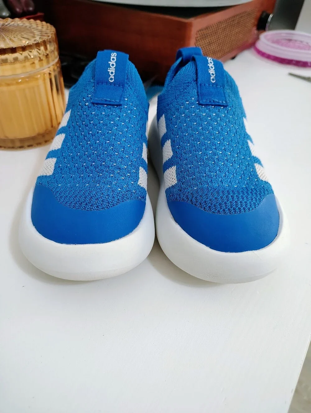 ADIDAS Bubblecomfy Blue Slip-On Knit Sneakers Bright Royal / Cloud White Size 9k - Picture 5 of 8